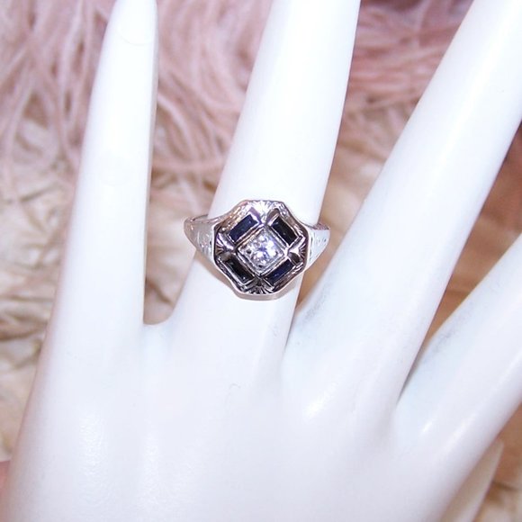 Art Deco 14K Gold Diamond Blue Sapphire Cocktail Ring - Size 4.25 - Picture 3 of 10